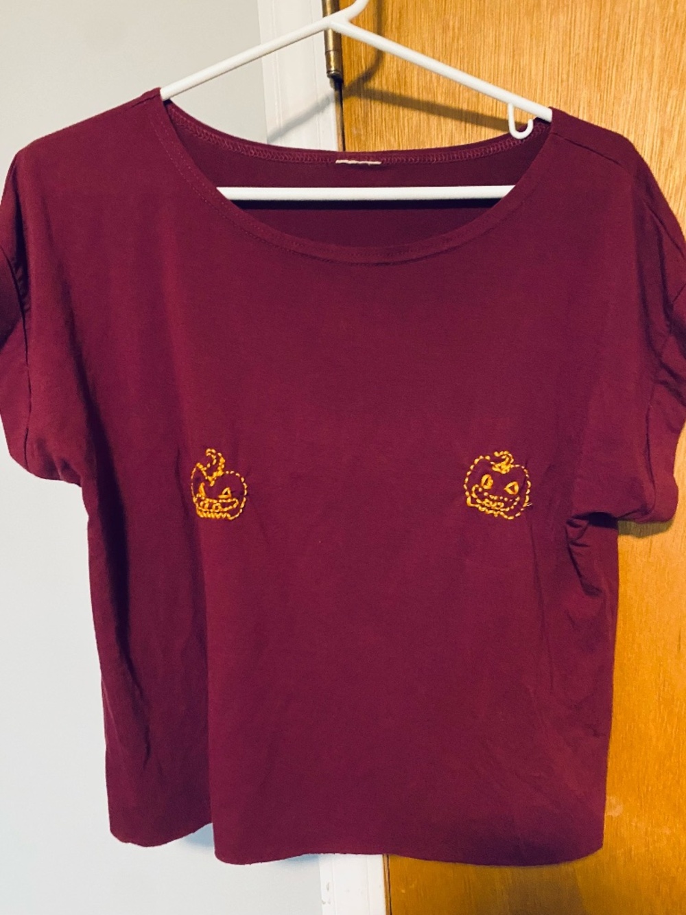 Halloween Cropped Wine Purple T-Shirt Hand Embroidered by Kelstitch